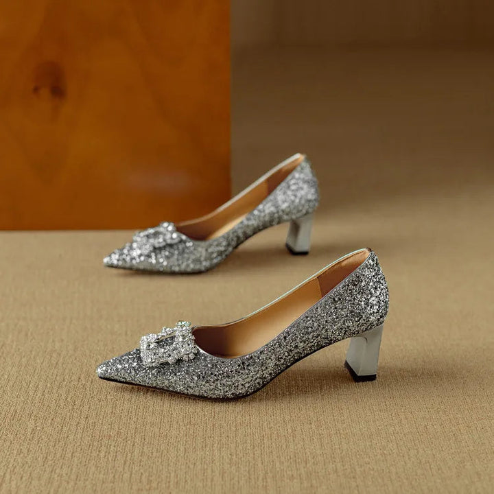 Jessika | Glitter Pointed Toe Pumps with Block Heel