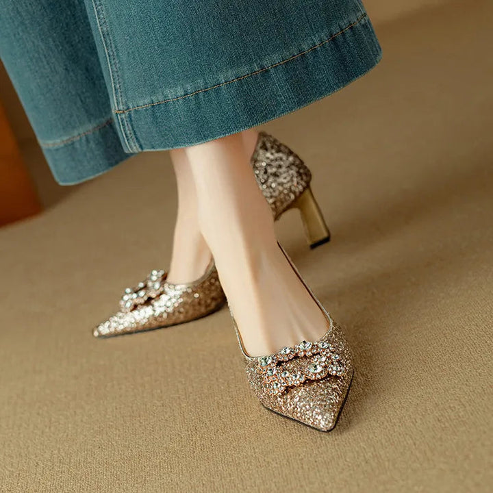 Jessika | Glitter Pointed Toe Pumps with Block Heel