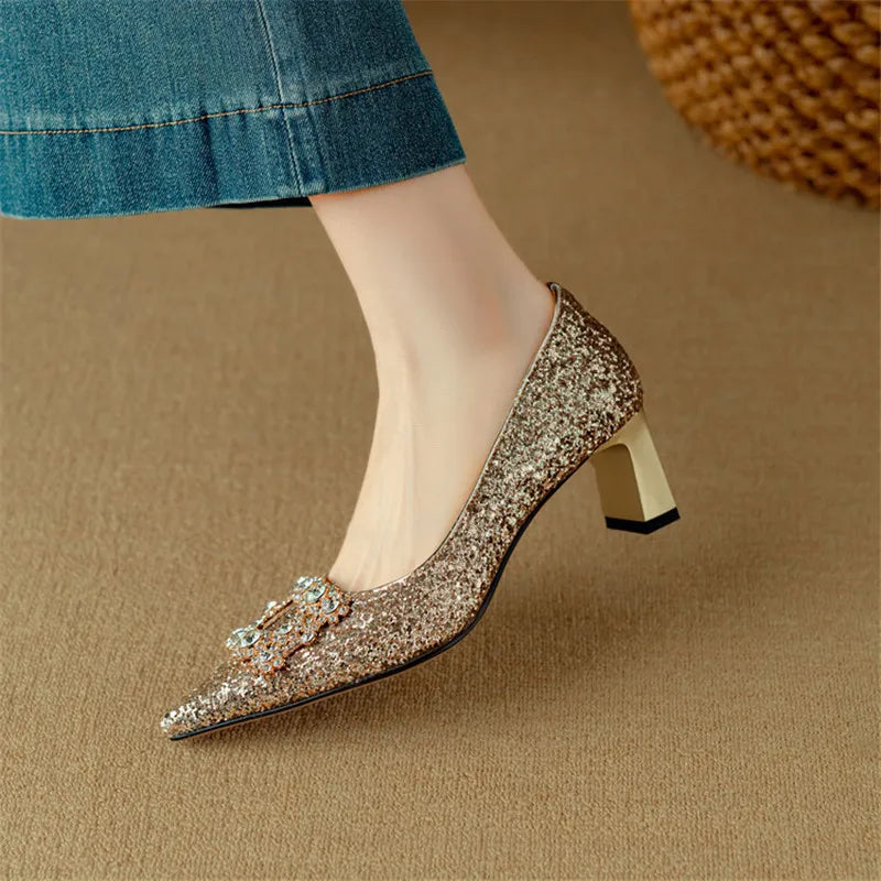 Jessika | Glitter Pointed Toe Pumps with Block Heel