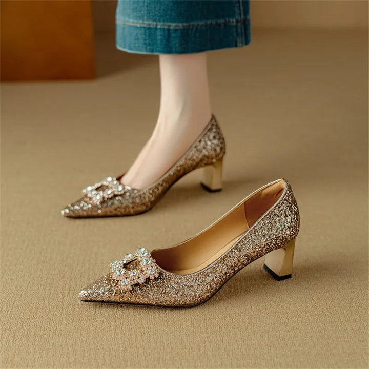 Jessika | Glitter Pointed Toe Pumps with Block Heel