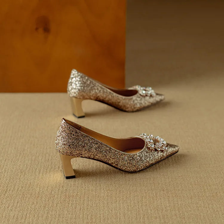 Jessika | Glitter Pointed Toe Pumps with Block Heel