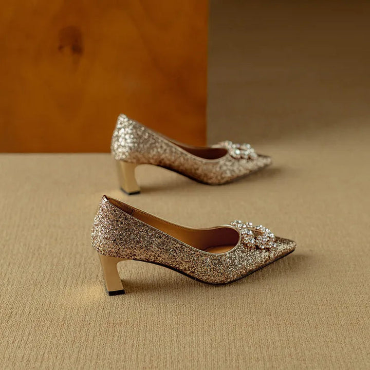 Jessika | Glitter Pointed Toe Pumps with Block Heel