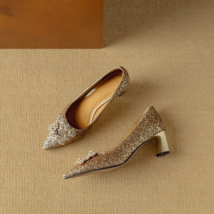 Jessika | Glitter Pointed Toe Pumps with Block Heel