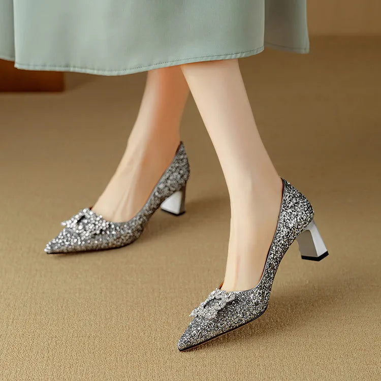 Jessika | Glitter Pointed Toe Pumps with Block Heel