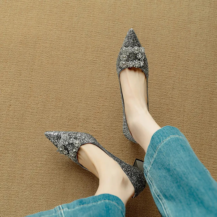 Jessika | Glitter Pointed Toe Pumps with Block Heel