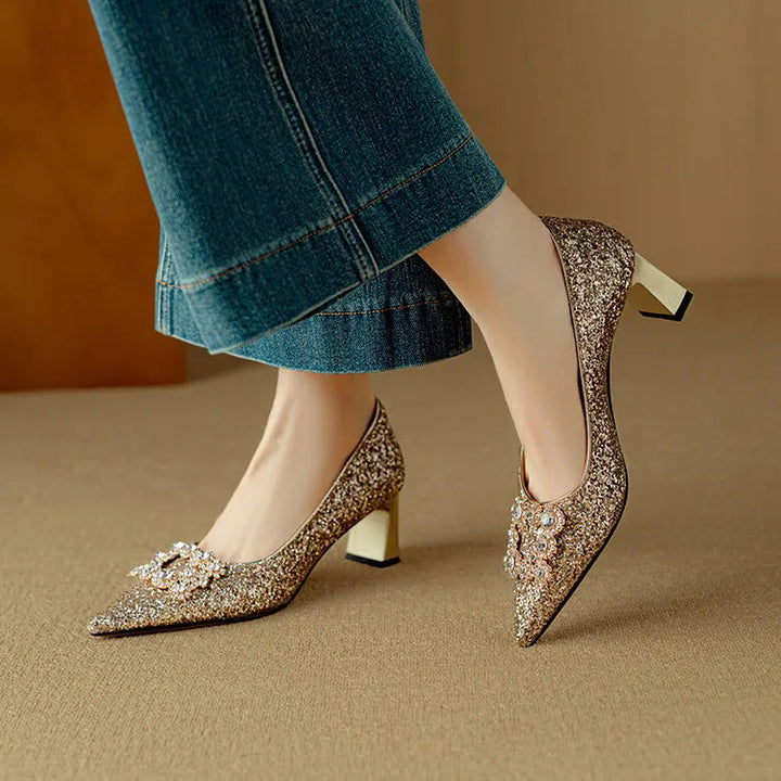 Jessika | Glitter Pointed Toe Pumps with Block Heel