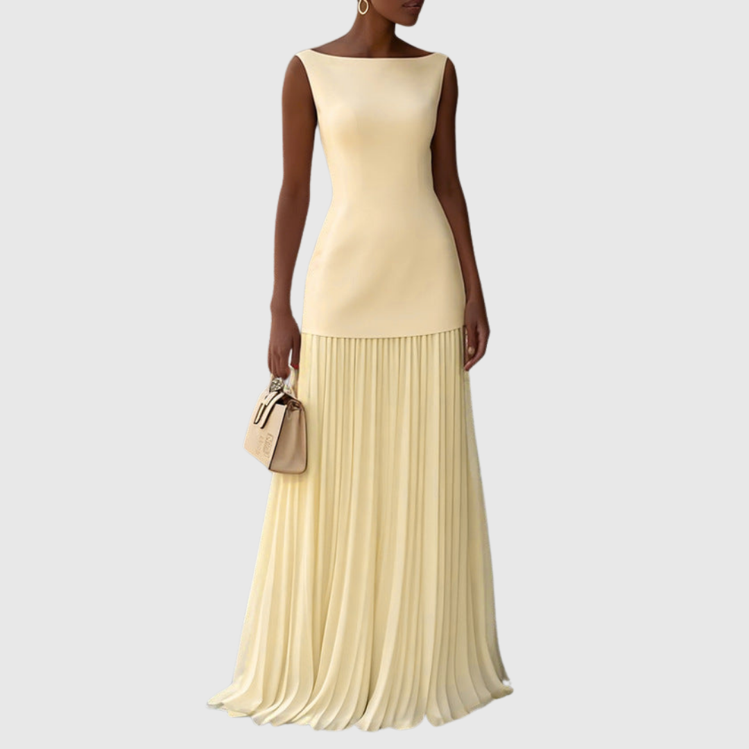 Jorella | Elegant Pleated Maxi Dress with Boat Neck