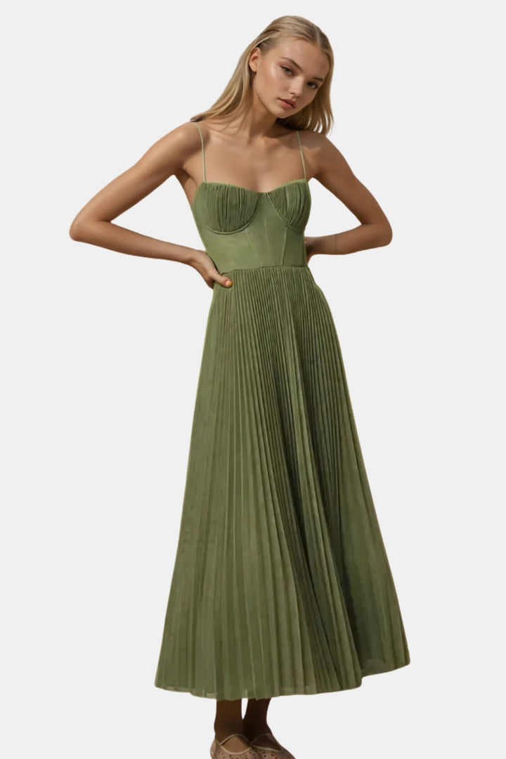 Joryvella | Elegant Pleated Midi Dress with Sweetheart Neckline