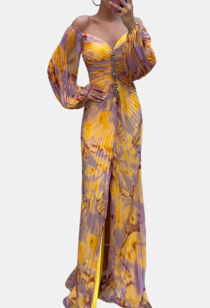 Joryvessa | Wedding Guest Pleated Off Shoulder Maxi Dress