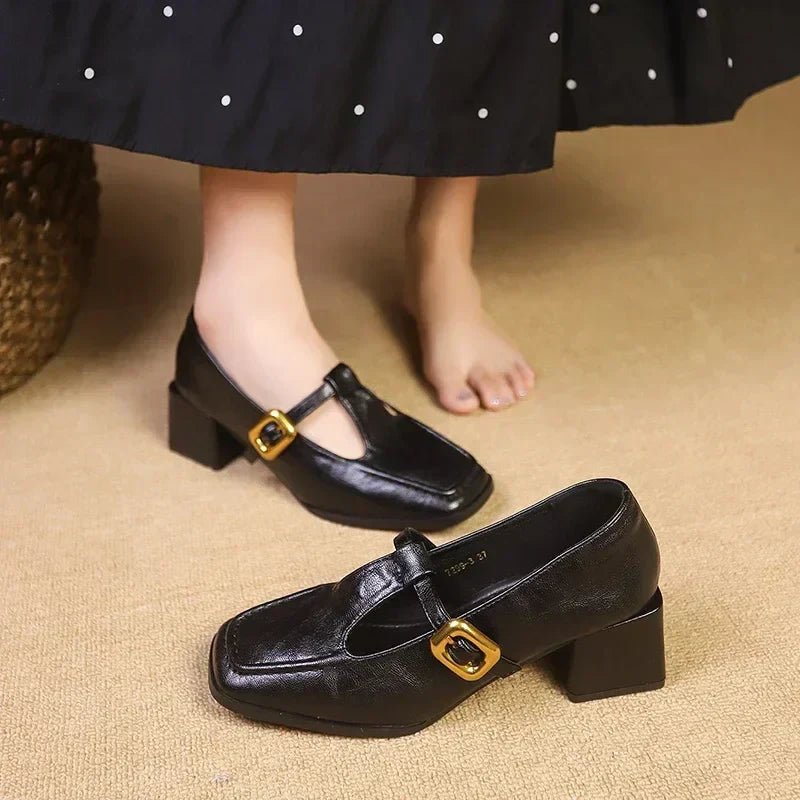 Kallie | Square Toe Mary Jane Heels with Buckle Strap
