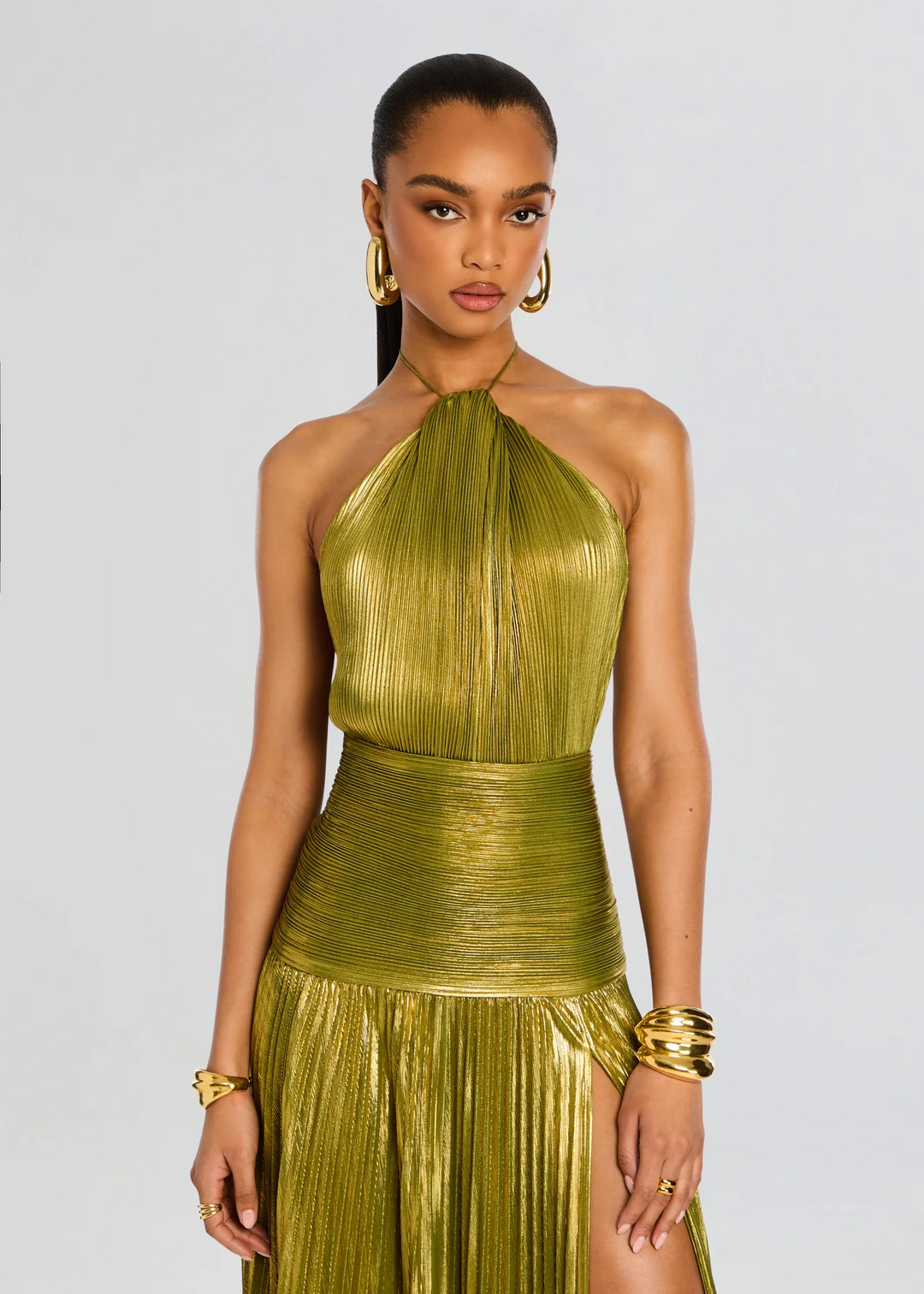 Karyndora | Elegant Pleated Halter Maxi Dress with Front Slit