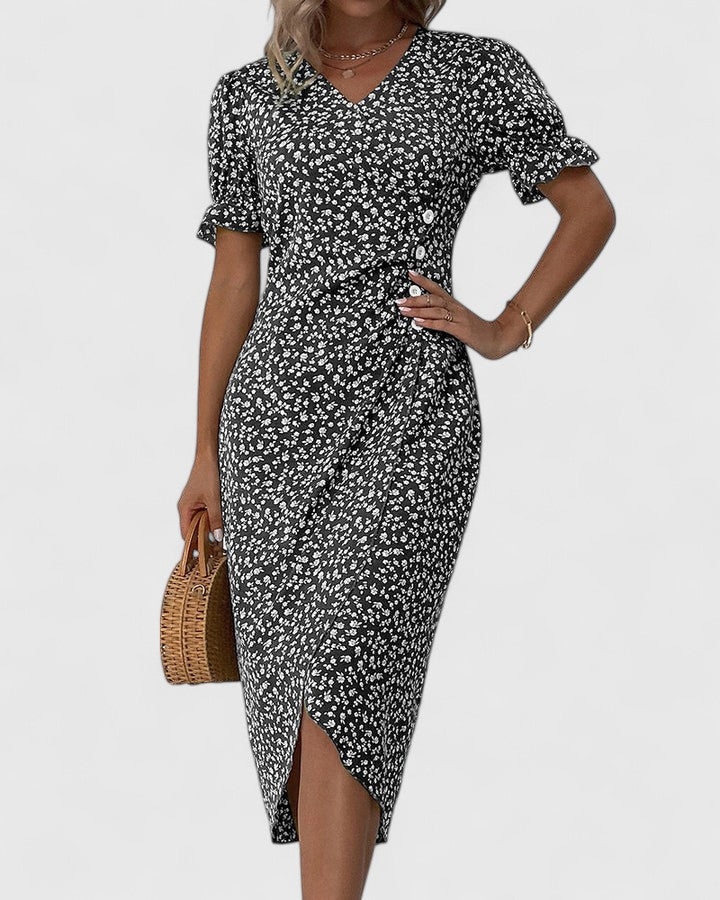 Keloria | Wrap Midi Dress with Button Detail