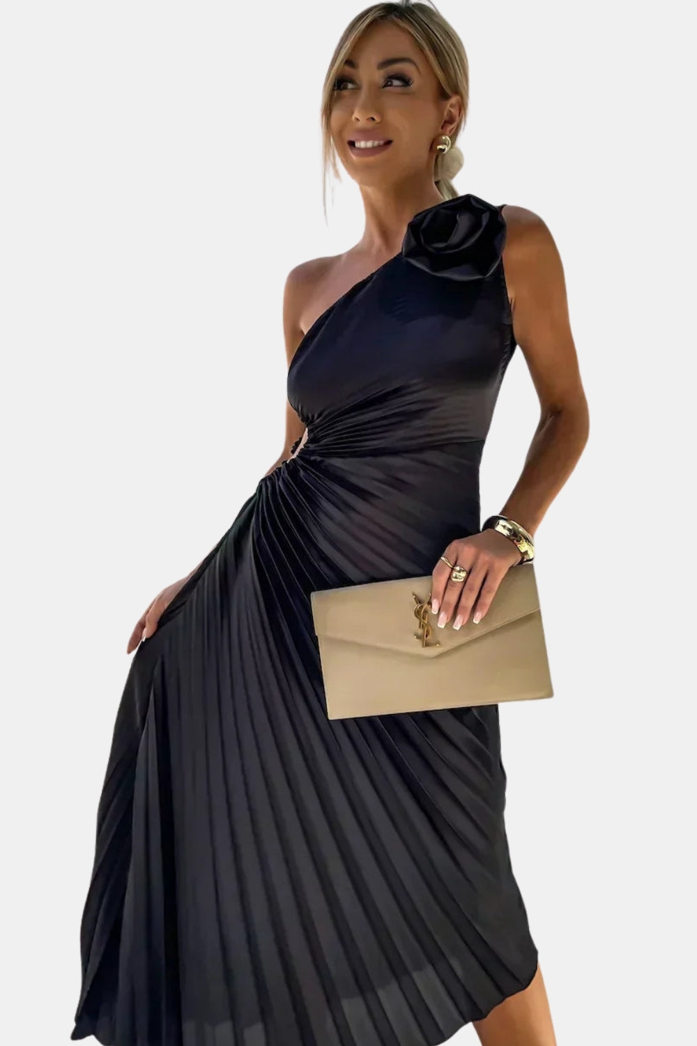 Kirevzara | Wedding Guest One Shoulder Pleated Midi Dress