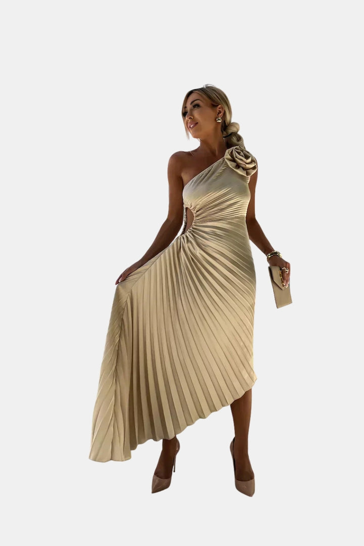Kirevzara | Wedding Guest One Shoulder Pleated Midi Dress