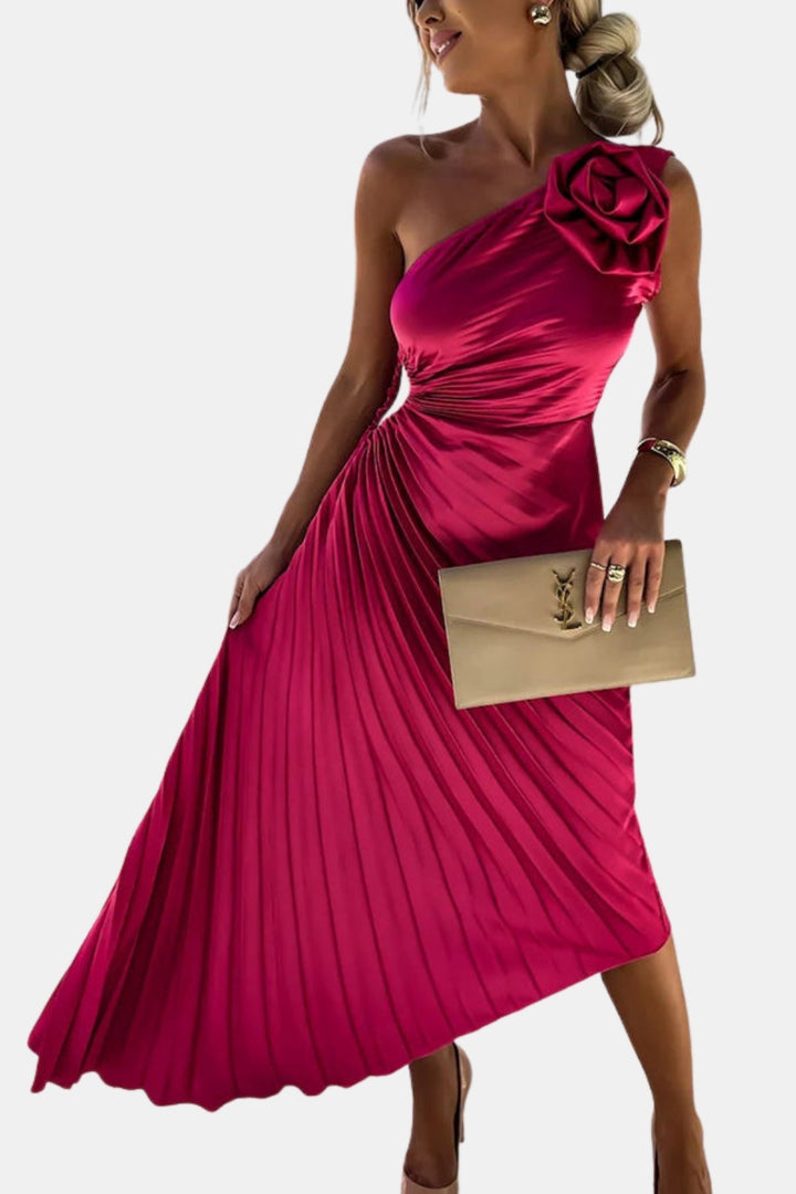 Kirevzara | Wedding Guest One Shoulder Pleated Midi Dress