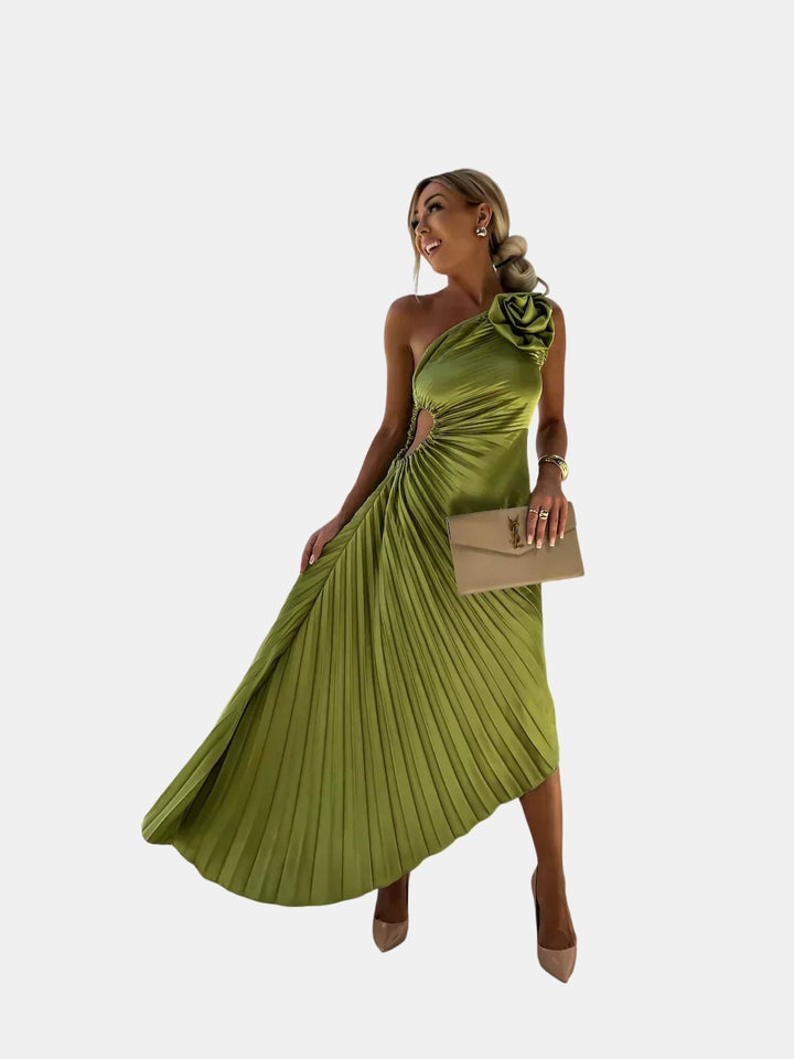Kirevzara | Wedding Guest One Shoulder Pleated Midi Dress