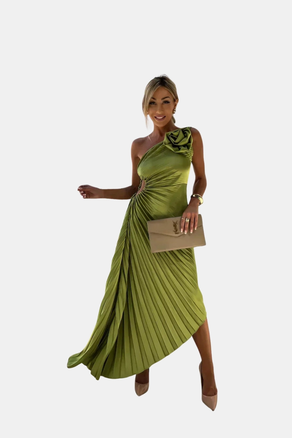 Kirevzara | Wedding Guest One Shoulder Pleated Midi Dress