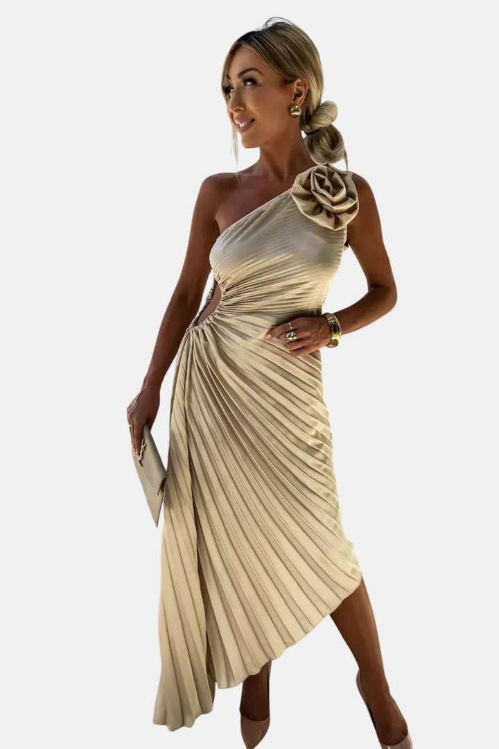 Kirevzara | Wedding Guest One Shoulder Pleated Midi Dress