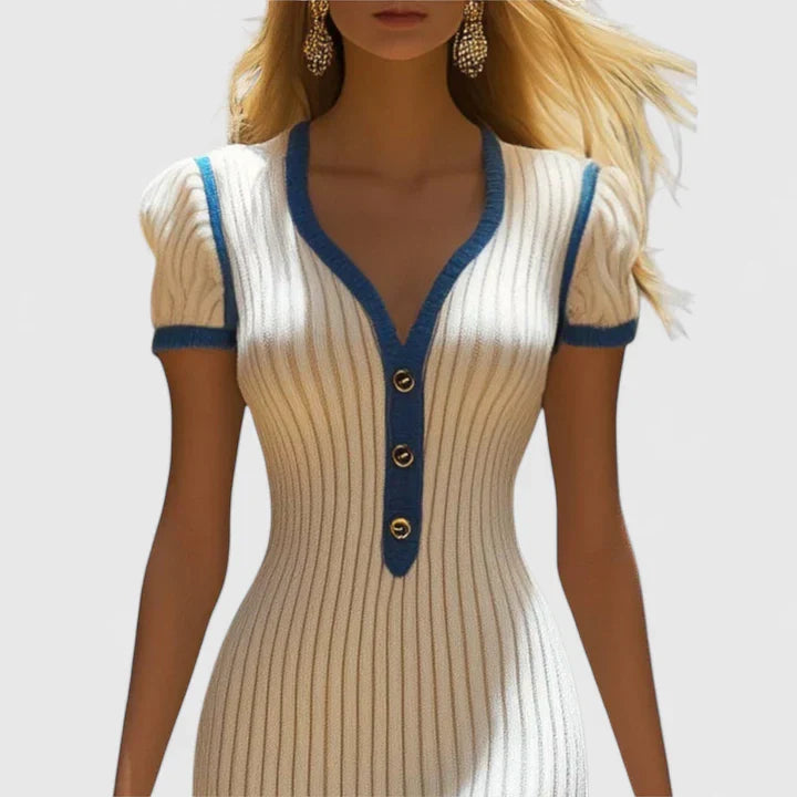 Koryndra | Ribbed Knit Midi Dress with Button V Neck