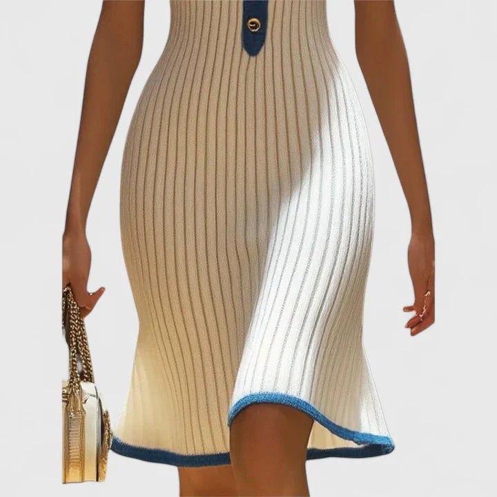 Koryndra | Ribbed Knit Midi Dress with Button V Neck