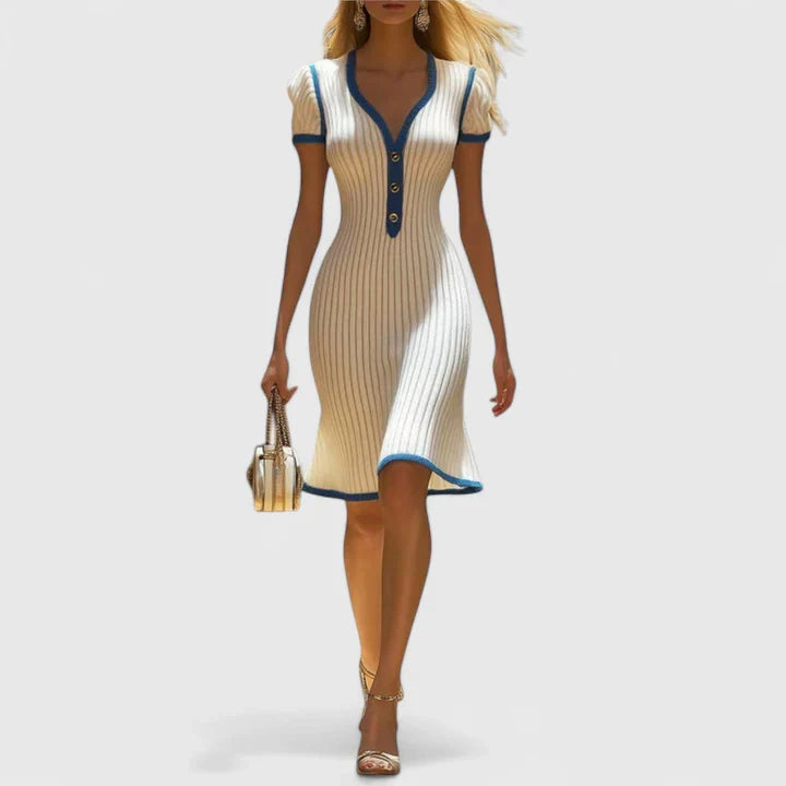 Koryndra | Ribbed Knit Midi Dress with Button V Neck