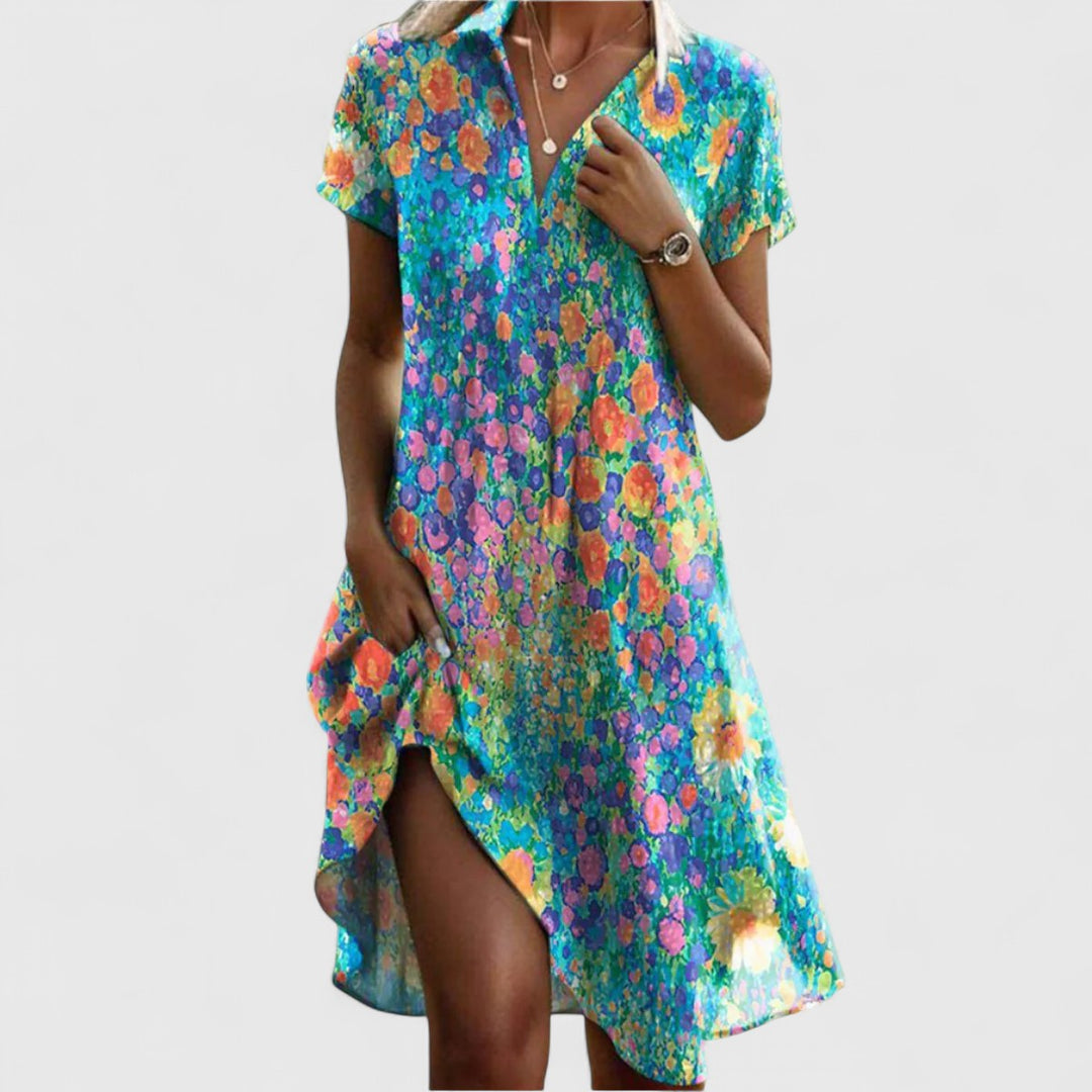 Kynaria | Boho Polka Dot Midi Dress with Short Sleeves