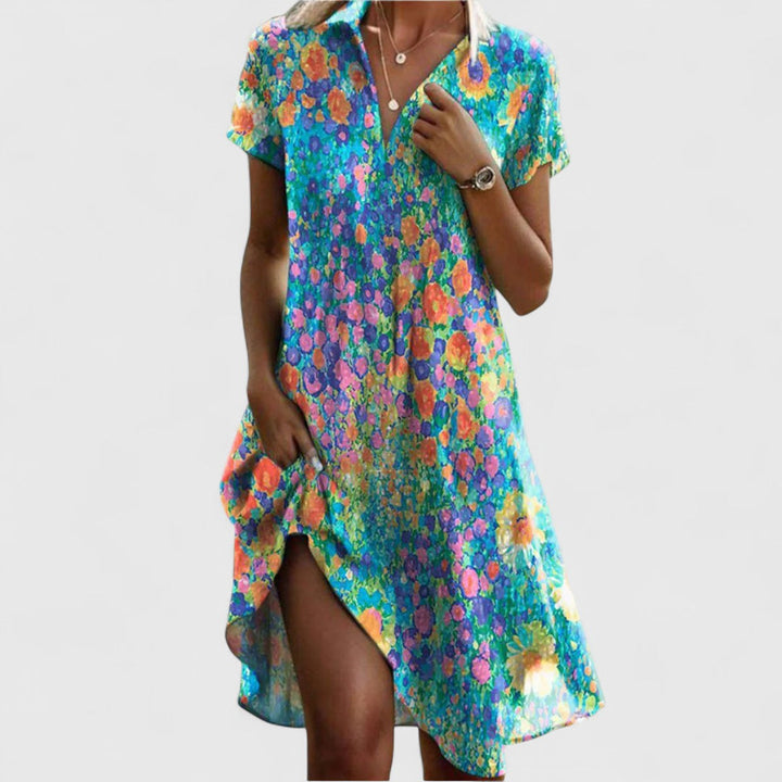 Kynaria | Boho Polka Dot Midi Dress with Short Sleeves