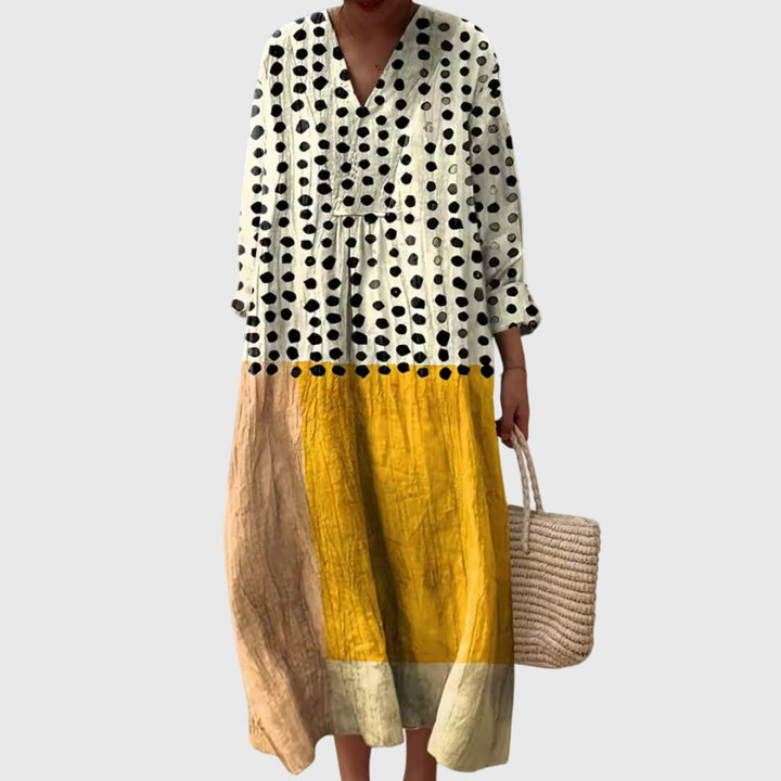 Larevia | Boho Patchwork Midi Dress with V-Neck