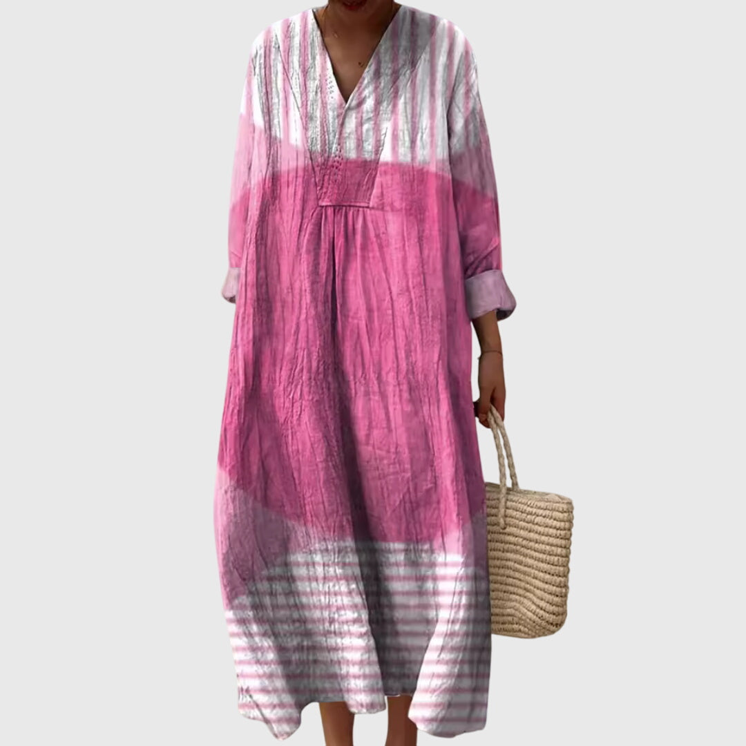Larevia | Boho Patchwork Midi Dress with V-Neck