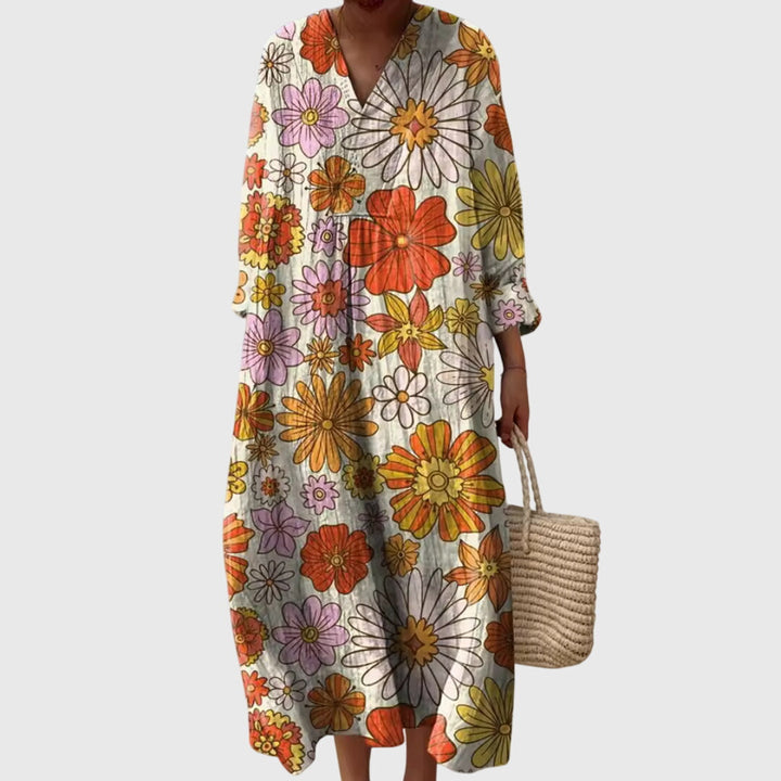 Larevia | Boho Patchwork Midi Dress with V-Neck