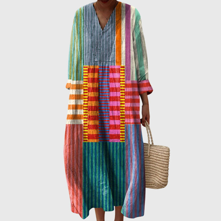 Larevia | Boho Patchwork Midi Dress with V-Neck