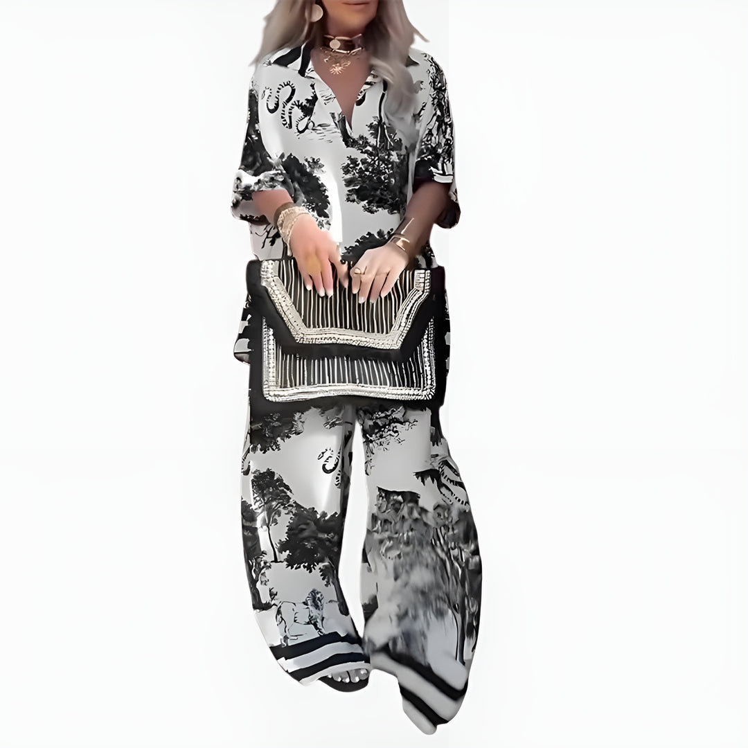 Lavinia | Printed Wide Leg Pants Set with V Neck Top