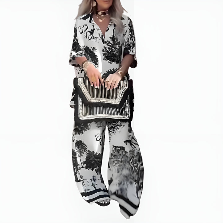 Lavinia | Printed Wide Leg Pants Set with V Neck Top