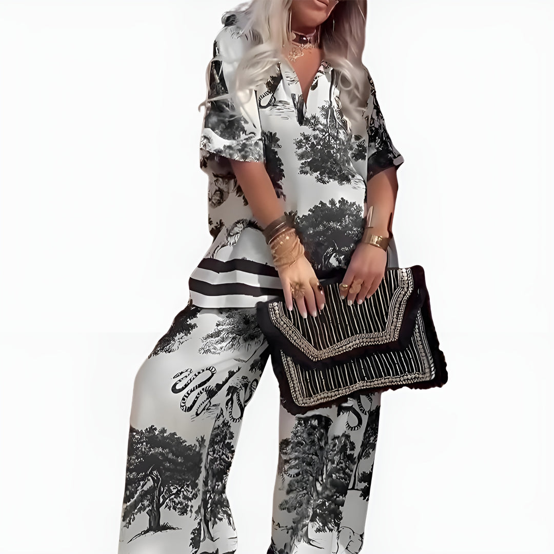 Lavinia | Printed Wide Leg Pants Set with V Neck Top