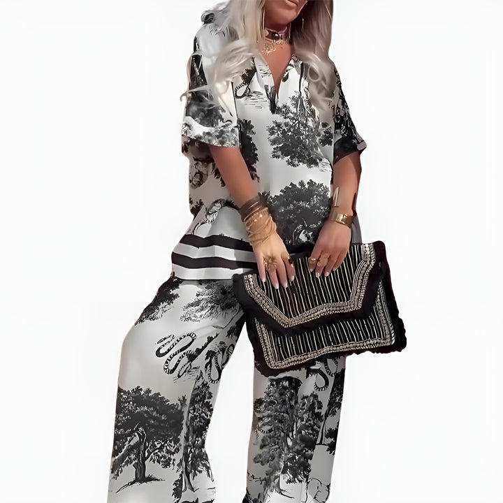 Lavinia | Printed Wide Leg Pants Set with V Neck Top