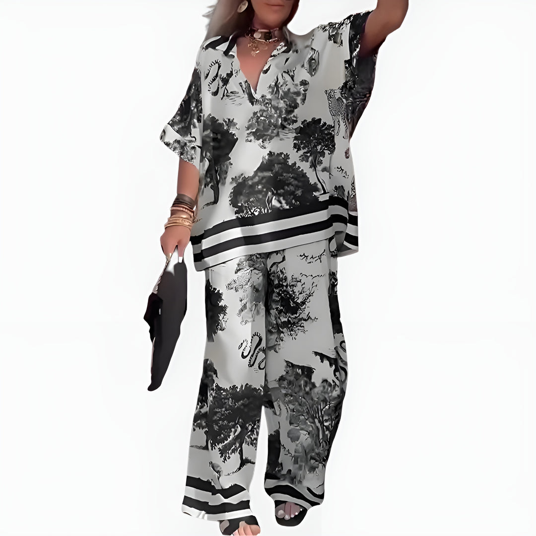 Lavinia | Printed Wide Leg Pants Set with V Neck Top