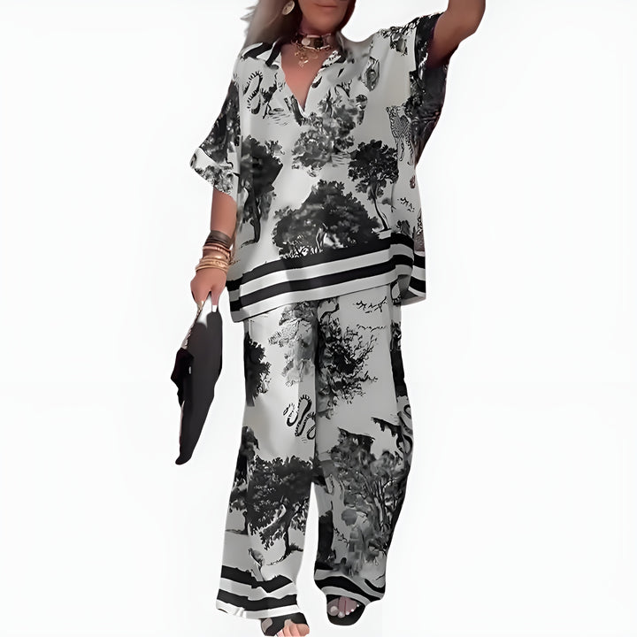 Lavinia | Printed Wide Leg Pants Set with V Neck Top