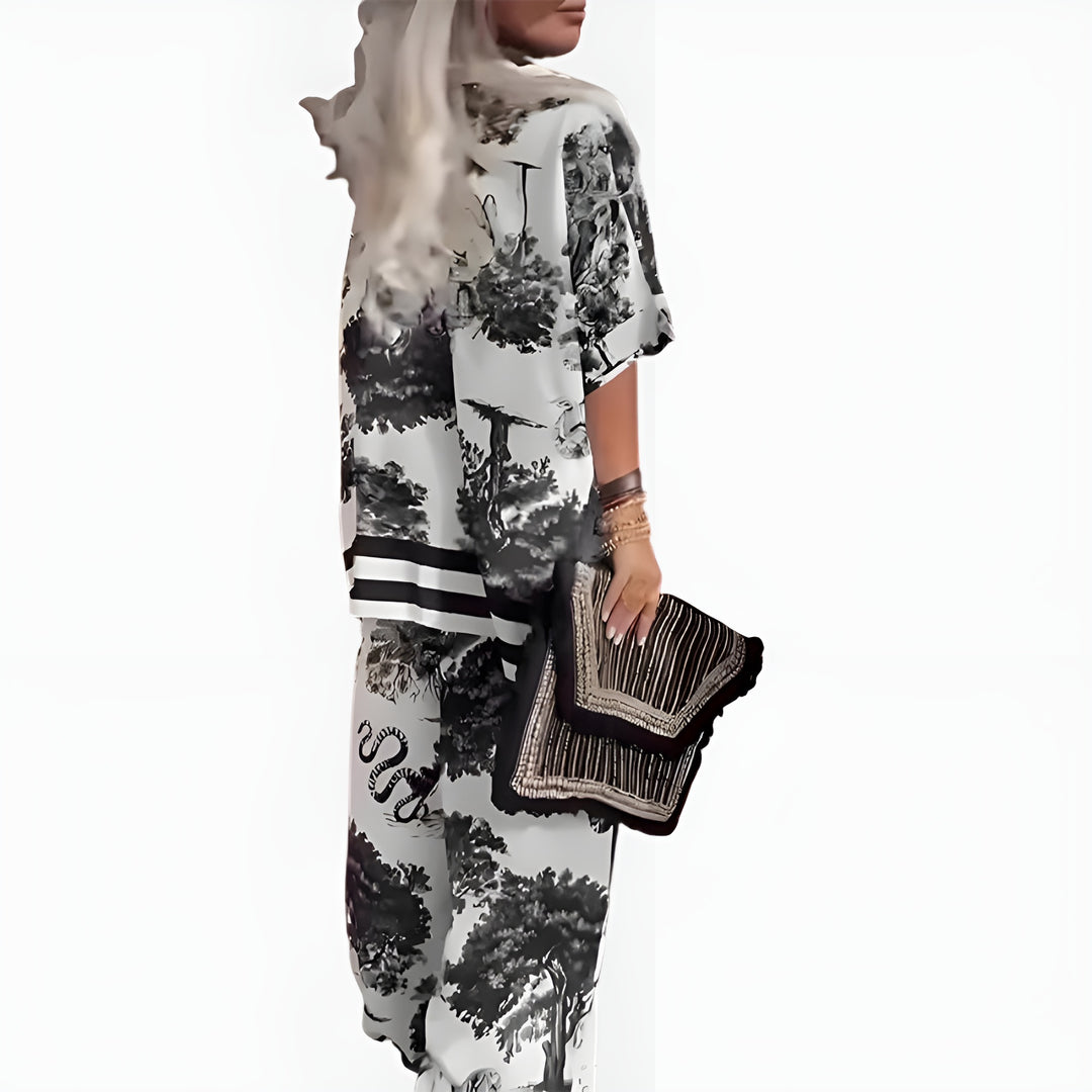 Lavinia | Printed Wide Leg Pants Set with V Neck Top