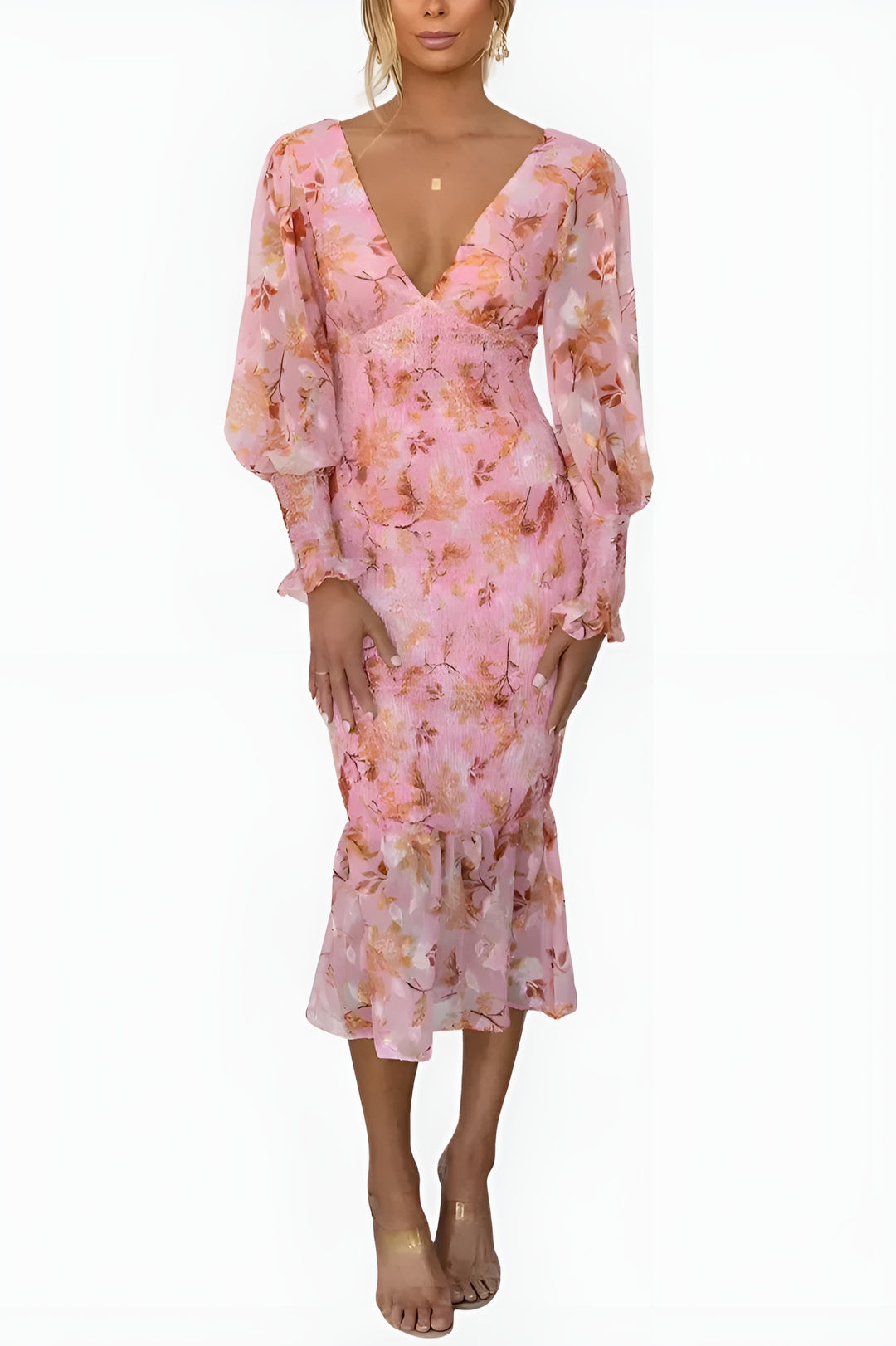 Lavyndora | Wedding Guest Floral Midi Dress with Open Back