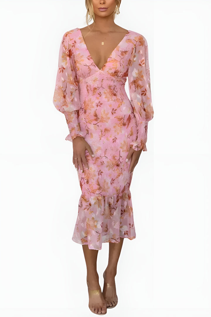 Lavyndora | Wedding Guest Floral Midi Dress with Open Back