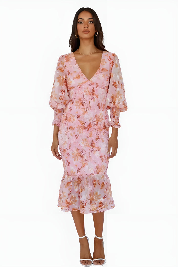 Lavyndora | Wedding Guest Floral Midi Dress with Open Back