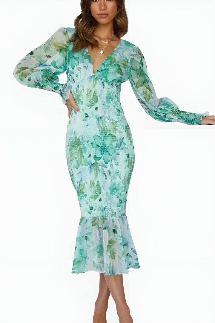 Lavyndora | Wedding Guest Floral Midi Dress with Open Back