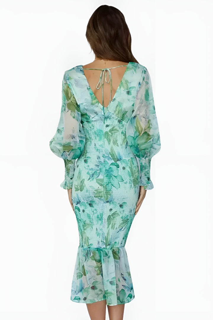 Lavyndora | Wedding Guest Floral Midi Dress with Open Back