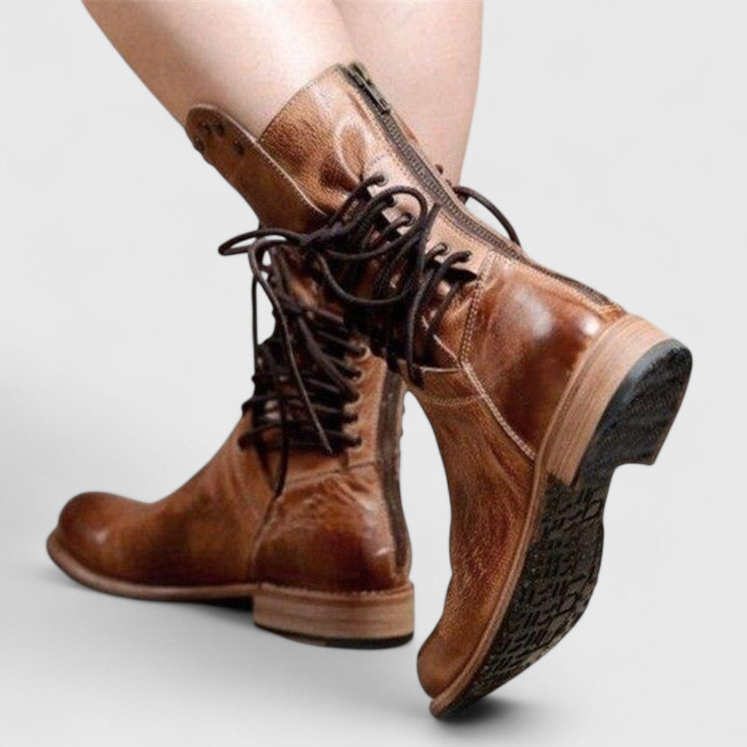 Leatrice | Stylish Lace-Up Mid Calf Boots with Stud Detail