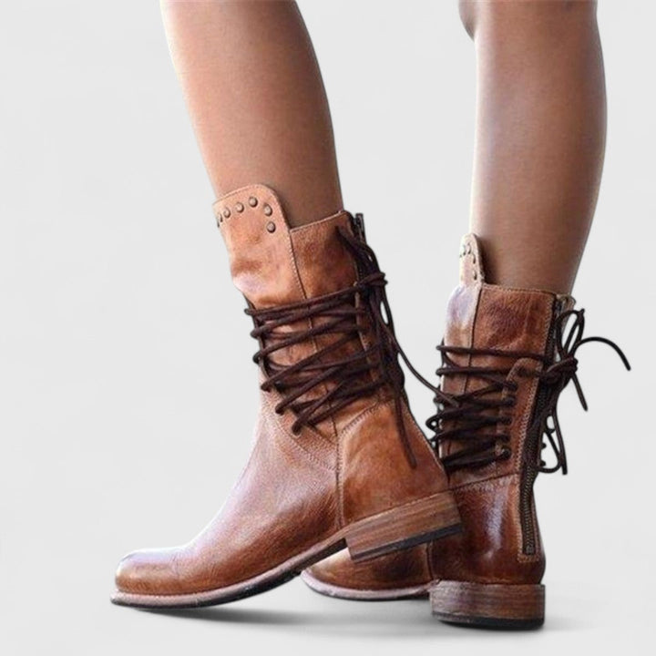 Leatrice | Stylish Lace-Up Mid Calf Boots with Stud Detail