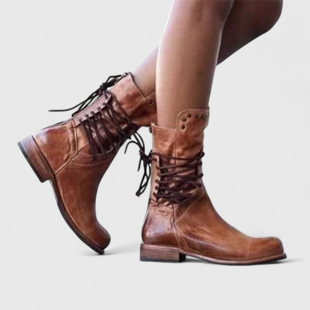 Leatrice | Stylish Lace-Up Mid Calf Boots with Stud Detail