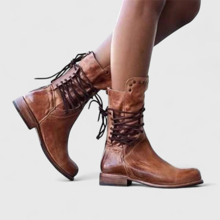 Leatrice | Stylish Lace-Up Mid Calf Boots with Stud Detail