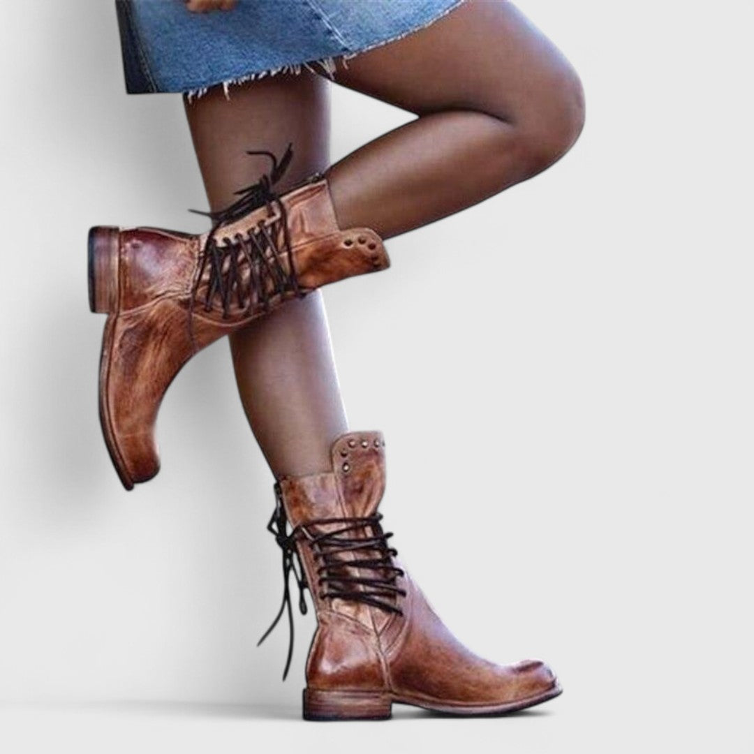 Leatrice | Stylish Lace-Up Mid Calf Boots with Stud Detail