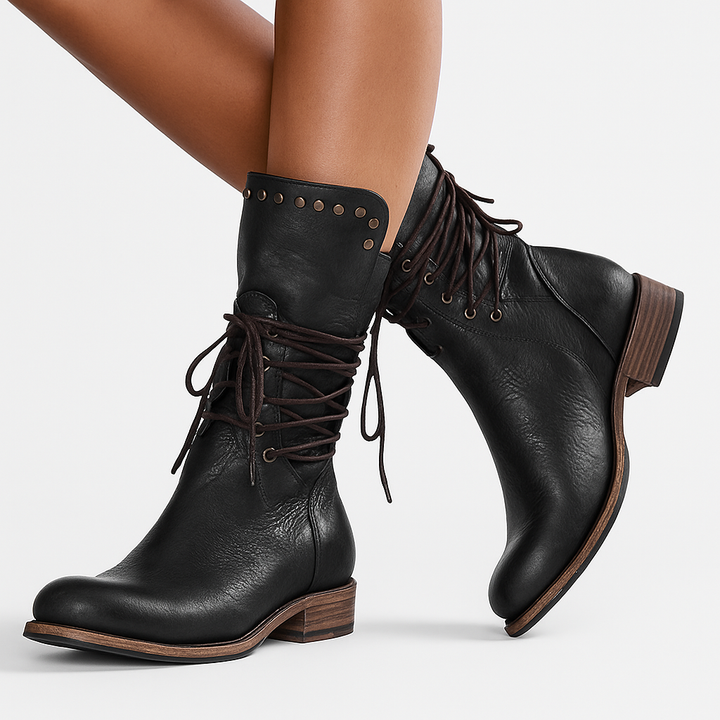 Leatrice | Stylish Lace-Up Mid Calf Boots with Stud Detail