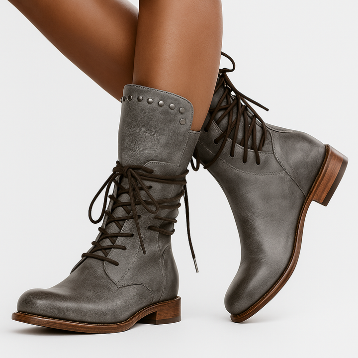 Leatrice | Stylish Lace-Up Mid Calf Boots with Stud Detail
